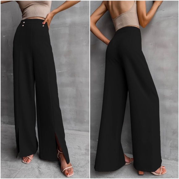 BellanBlue Pants - Classic Black Wide Leg Slit Hem Pants Minimalist